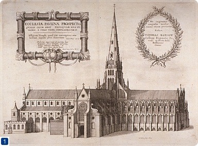 St Pauls Cathedral before the Fire, by W Hollar, 1657. Image ref q6078055, available at http://collage.cityoflondon.gov.uk/collage/app. Copyright City of London: London Metropolitan Archives. Not to be reused without permission.