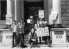 Photograph of Roland and Claire Muldoon, CAST and the Left Wing Teds dressed in their Double Bill guises, protesting outside the Arts Council of Great Britain, [1984].